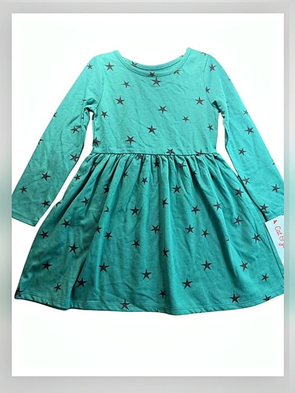 Cat & Jack Dress Toddler 4T Green Black Star Long Sleeve Jersey Skater Whimsical